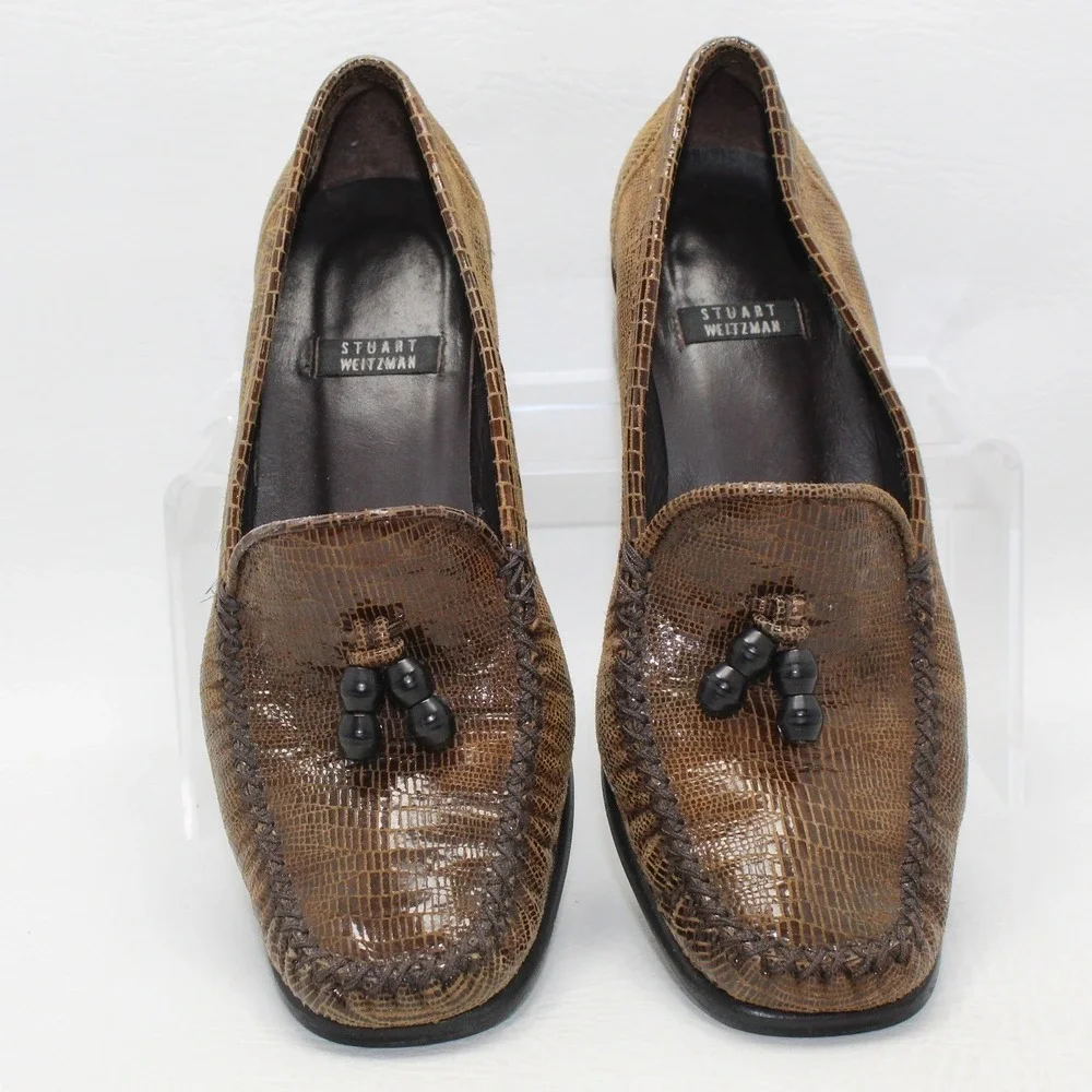 Stuart Weitzman Brown Lizard Embossed‎ Leather Tassel Loafers Block Heel 6.5B
